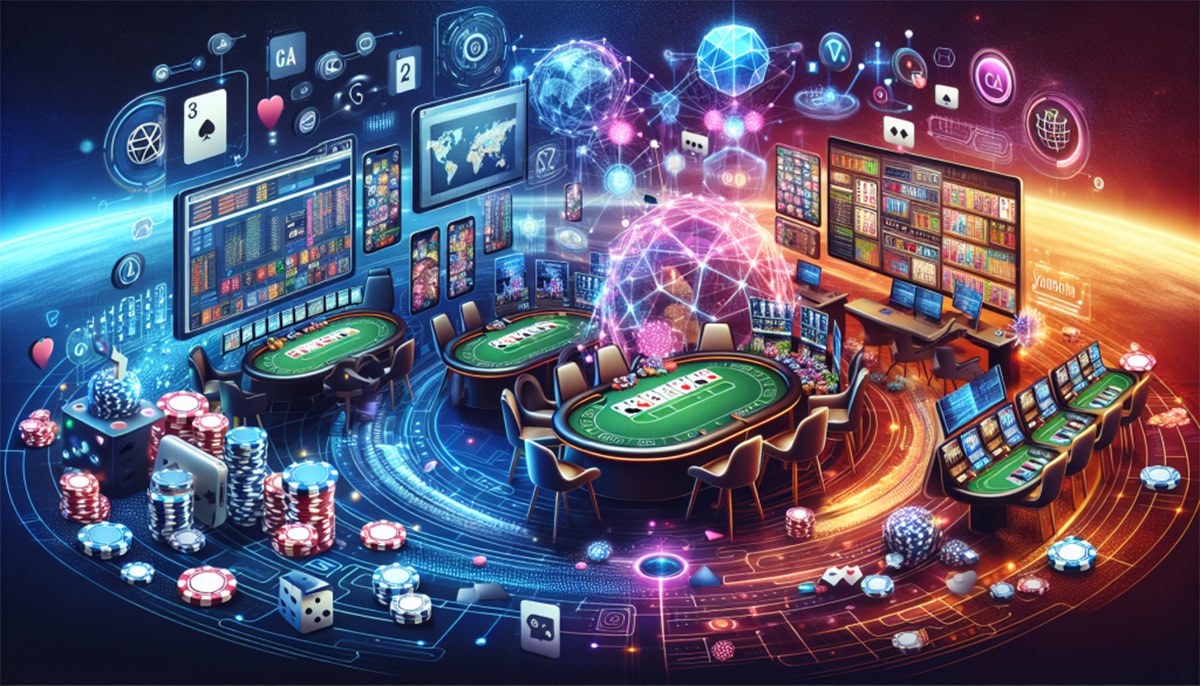 A digital image of real money casino games with poker tables, chips and chairs