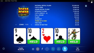 Screenshot of online Joker Poker showing joker wild card