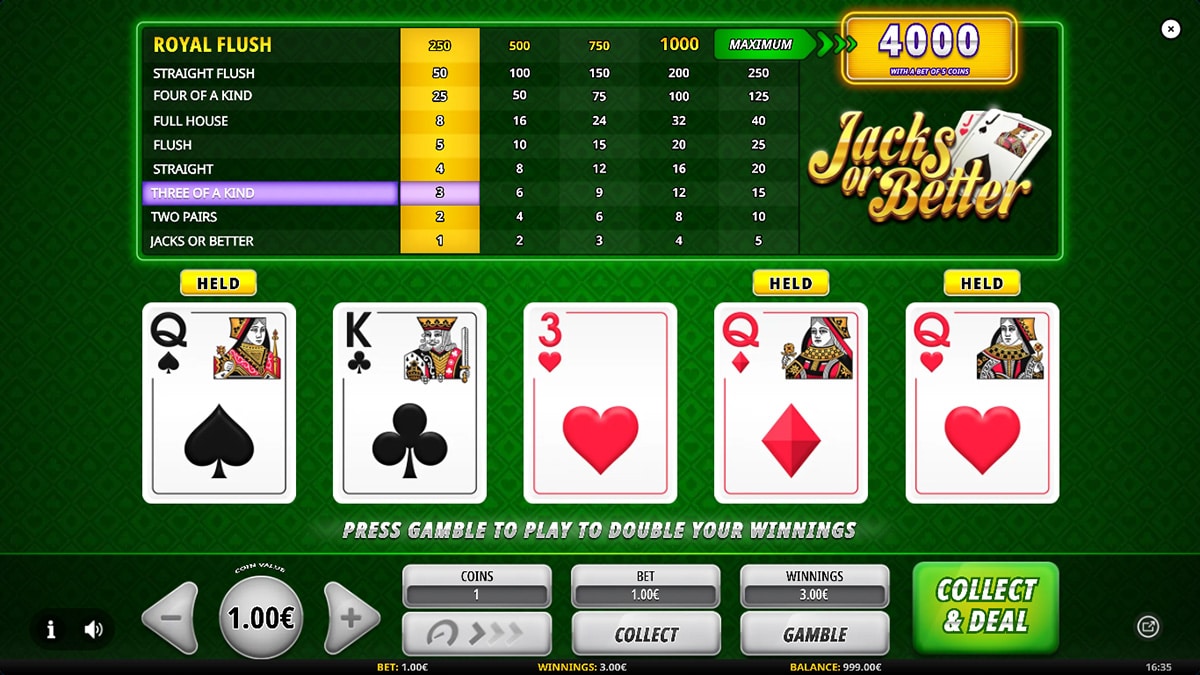 Screenshot of online video poker with playing cards and paytable