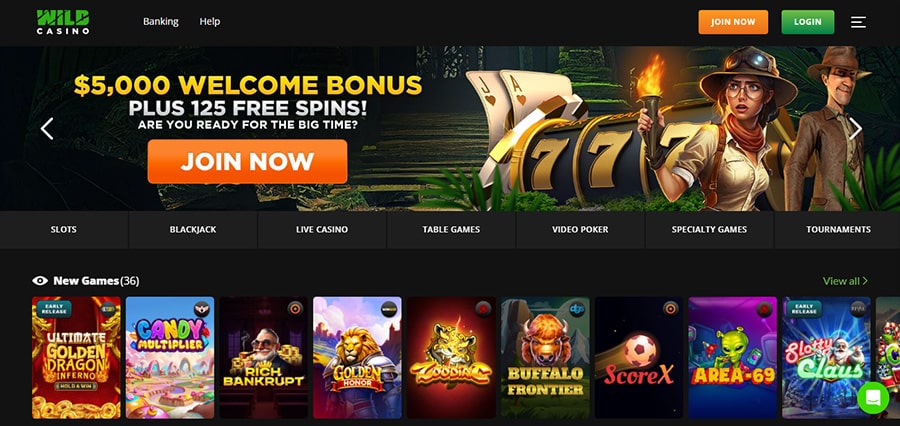 Illustration of a real money casinos homepage Wild Casino